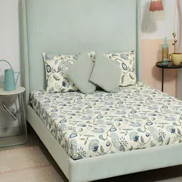 Srijee Decors Off White & Green Floral 250 TC Fitted King Bedsheet With 2 Pillow Covers-image-3