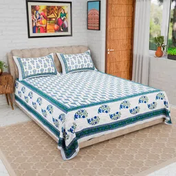 CURIOUS LIFESTYLE Blue & White Printed Cotton 300 TC King Bedsheet with 2 Pillow Covers-image-56