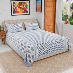 CURIOUS LIFESTYLE Blue & White Floral Cotton 300 TC King Bedsheet with 2 Pillow Covers-image-94