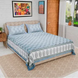 CURIOUS LIFESTYLE Grey & White Floral Cotton 300 TC King Bedsheet with 2 Pillow Covers-image-95