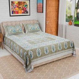 CURIOUS LIFESTYLE Green & Blue Printed Cotton 300 TC King Bedsheet with 2 Pillow Covers-image-80