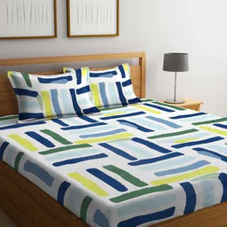 Arrabi Off White & Green 300 TC King Bedsheet with 2 Pillow Covers-picture-36