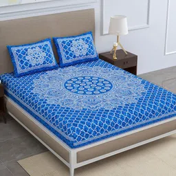 SheetKart Blue & White Ethnic Motifs Polycotton 120 TC Queen Bedsheet With 2 Pillow Covers-picture-31