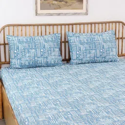 House This Gamathi Blue Ethnic Motifs Cotton 144 TC Fitted Queen Bedsheet & Pillow Covers-image-94