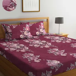 KLOTTHE Maroon & White Floral 300 TC Fitted Super King Bedsheet with 2 Pillow Covers-image-11