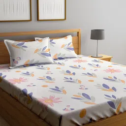 KLOTTHE White & Blue Floral Printed 300 TC King Bedsheet With 2 Pillow covers-picture-38