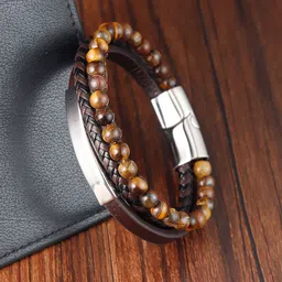 Jewels Galaxy Men Silver-Plated Artificial Beaded Leather Bracelet image 4