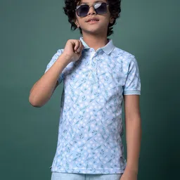 Crimsoune Club Boys Floral Printed Polo Collar Raw Edge Slim Fit T-shirt-picture-32