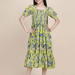 STARWORD Girls Floral Print Smocked Square Neck Puff Sleeve Fit & Flare Midi Dress-image-92