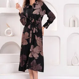 JC4U Women Floral Printed Belted Detail Shirt Fit & Flare Midi Dress-picture-31