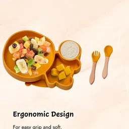 Adore Kids 3Pcs Yellow & Brown Textured Silicone & Bamboo Baby Utensils Set image 4