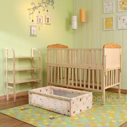 Babyhug Lily Wooden Cot With Detachable Bassinet & Side Shelf - Light Brown image 2