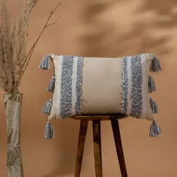 THEGASBH Off White & Beige Striped Embroidered Cotton Rectangle Cushion Cover-image-38