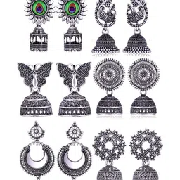 Sangria Set Of 6 Silver Plated Oxidized Jhumka Earrings-picture-33