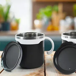 DeoDap Set of 2 Black & White Stainless Steel Mugs With Lids image 3