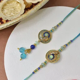 MEIRA JEWELLERY Gold-Plated Stone-Studded & Beaded Bhaiya Bhabhi Rakhi-picture-40