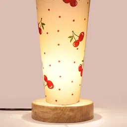Devansh White & Red Cotton Cylinder Table Lamps With Brown Round Wood Base image 5