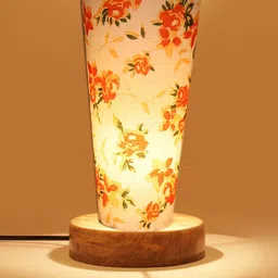 Devansh White Cotton Cylinder Table Lamps With Brown Round Wood Base image 2