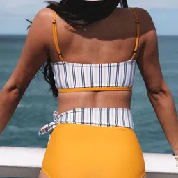 ANGEL CROSHET 2Pcs Contrast Striped Tie High Waist Criss Cross Bikini Set image 5