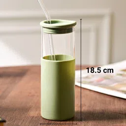 MARKET99 Green & Transparent Glass Water Bottle With Straw 480ml image 2