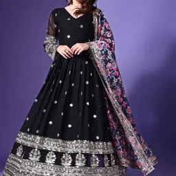 YOYO Fashion Floral Embroidered V-Neck Long Sleeves Georgette Ethnic Dress With Dupatta-picture-16