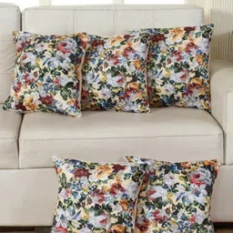 Shadowkart Beige & White 5 Pieces Floral Printed Velvet Square Cushion Covers-image-64