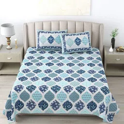Wayne Martin White & Blue Floral 300 TC Pure Cotton King Bedsheet With 2 Pillow Covers-image-52