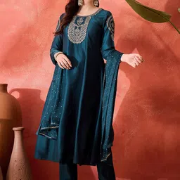 Sangria Floral Yoke Design Sequinned Chinon Silk Anarkali Kurta With Trousers And Dupatta image 5