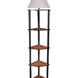 Devansh Grey & Brown Cotton Conical Wooden Floor Lamp With Shelves image 2