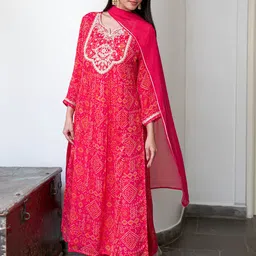 GoSriKi Floral Embroidered Notch Neck A-Line Kurta With Trousers & Dupatta-image-0