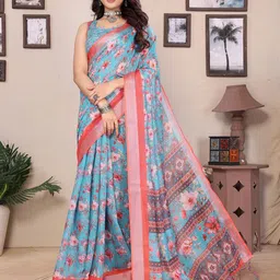 Lookmark Floral Digital Printed Saree with Zari Border image 4