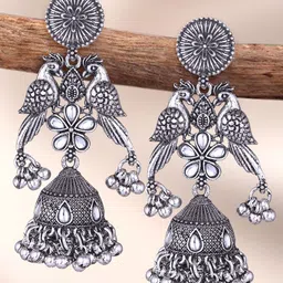 Sangria Silver-Plated Kundan-Studded Oxidised Drop Earrings image 3