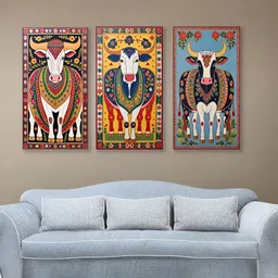 nestroots Brown & Yellow 3 Pieces Collection of Sacred Indian Cow Canvas Wall Arts-image-6