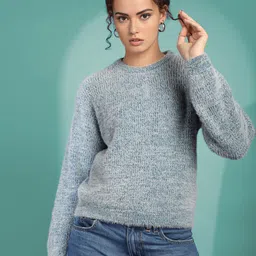 CHKOKKO Women Ribbed Self Design Round Neck Woollen Pullover-picture-2