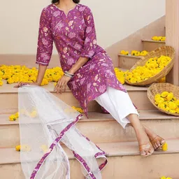 KALINI Floral Printed Straight Kurta With Trousers & Dupatta-picture-27