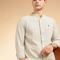 French Connection Men Premium Slim Fit Checked Mandarin Collar Cotton Linen Casual Shirt-image-75