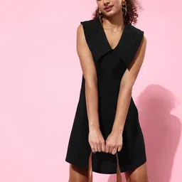 People Women Gorgeous Black Self-Design Statement Collar Dress-image-25
