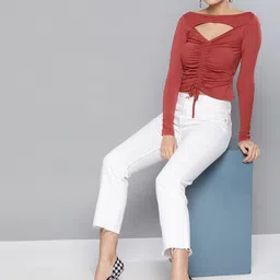 Veni Vidi Vici Women Rust Red Solid Fitted Crop Top image 1