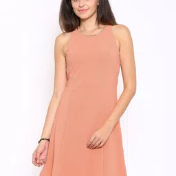 Deal Jeans Women Peach-Coloured Solid Fit & Flare Dress-image-7
