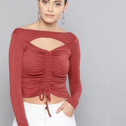 Veni Vidi Vici Women Rust Red Solid Fitted Crop Top image 3
