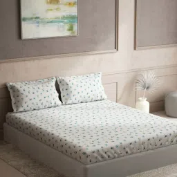 DDecor Floral White & Blue 136 TC Cotton King Bedsheet with 2 Pillow Covers image 1