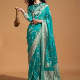 Vardha Turquoise Blue Woven Saree With Unstitched Blouse-picture-11