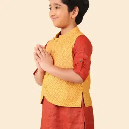 Fabindia Kids Mustard Printed Nehru Jacket image 3