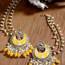 Karatcart Yellow Meena Floral Design Gold Plated Pearl and Tumble Studded Kundan Kaanchain Earrings image 1