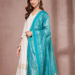 Fabindia Teal Cotton Silk Regular Fit Printed Dupatta image 3