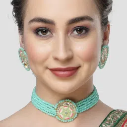 Karatcart Light Green Meena Lotus Design Crystal Choker Necklace Set for Women image 1