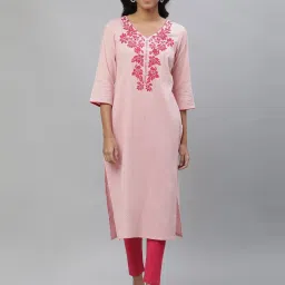 Aurelia Pink Cotton Embroidered Straight Kurta image 1
