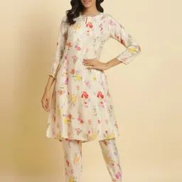 W Cream Printed A Line Kurta image 1