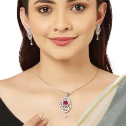 Karatcart Silver Tone Red American Diamond Studded Pendant Set image 1