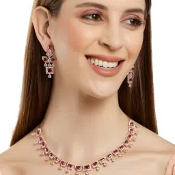 Karatcart Rose Gold Plated Red Cubic Zirconia Studded Necklace Set For Women image 1